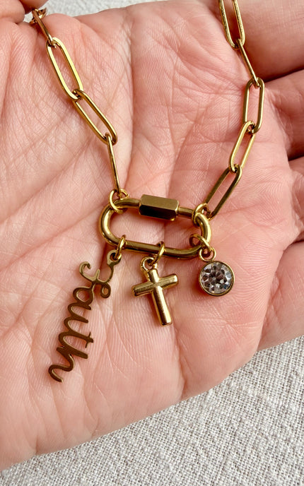 gold carabiner necklace with cross and faith charms minimalist christian jewelry