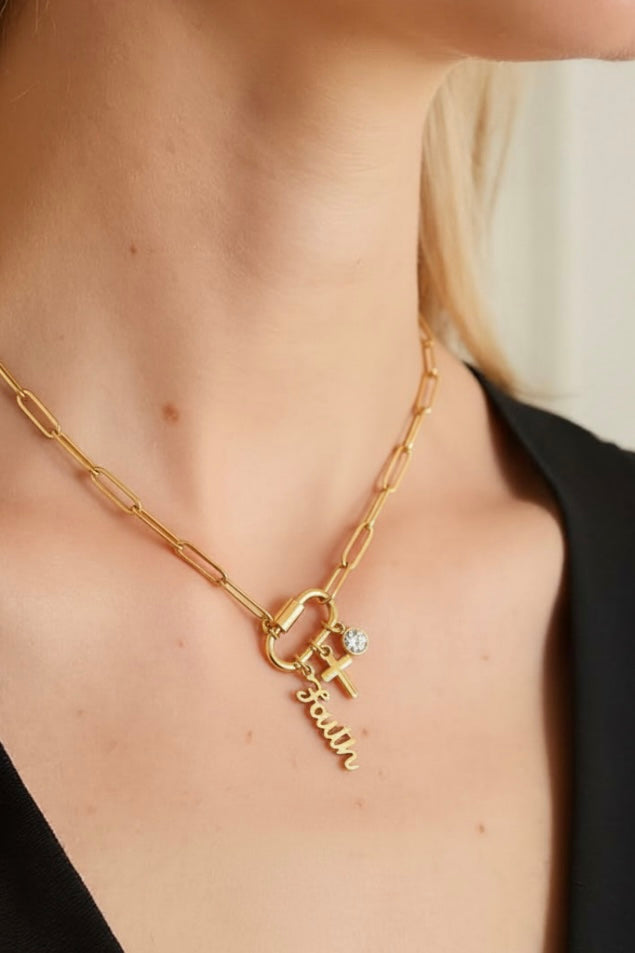 gold carabiner necklace cross faith charms cubic zirconia stainless steel PVD waterproof hypoallergenic christian jewelry