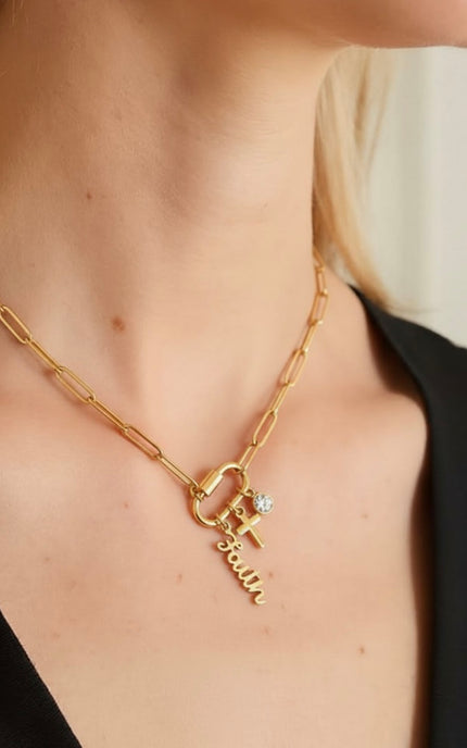 gold carabiner necklace cross faith charms cubic zirconia stainless steel PVD waterproof hypoallergenic christian jewelry