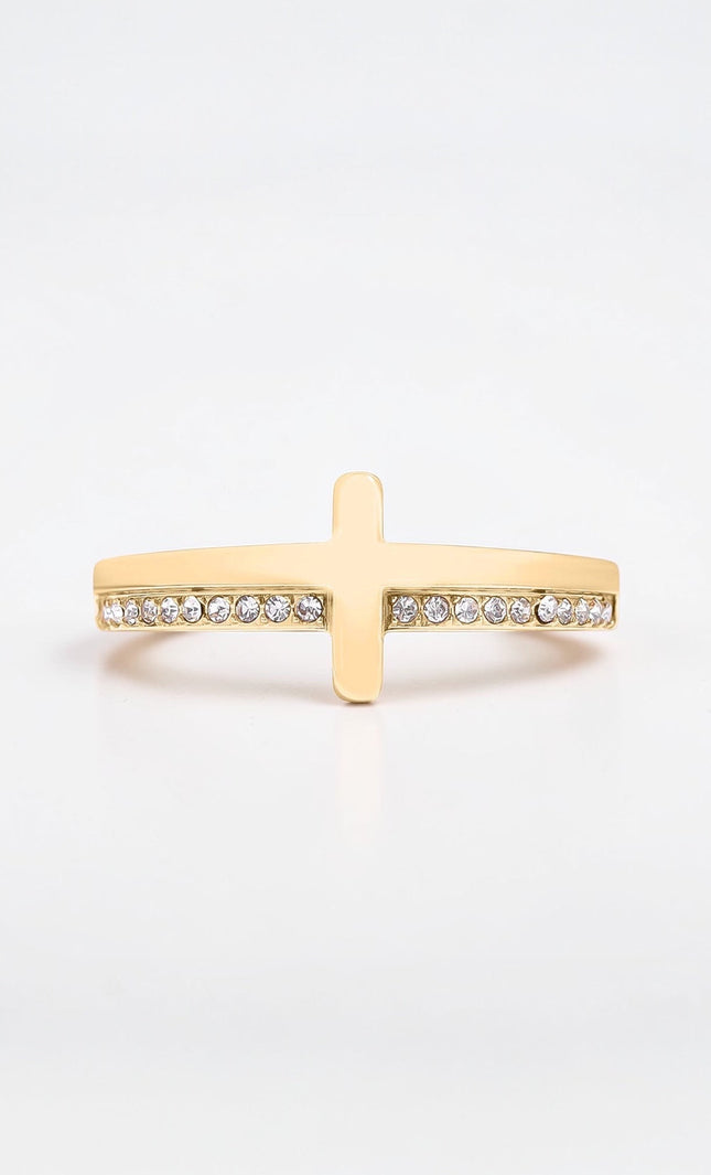 Gold CZ cross ring with engraved message front view