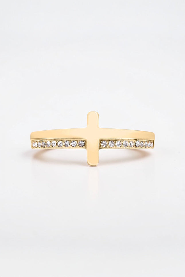 Gold CZ cross ring with engraved message front view