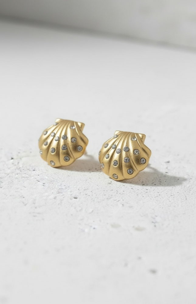 Stone shell stud earrings with gold finish front view