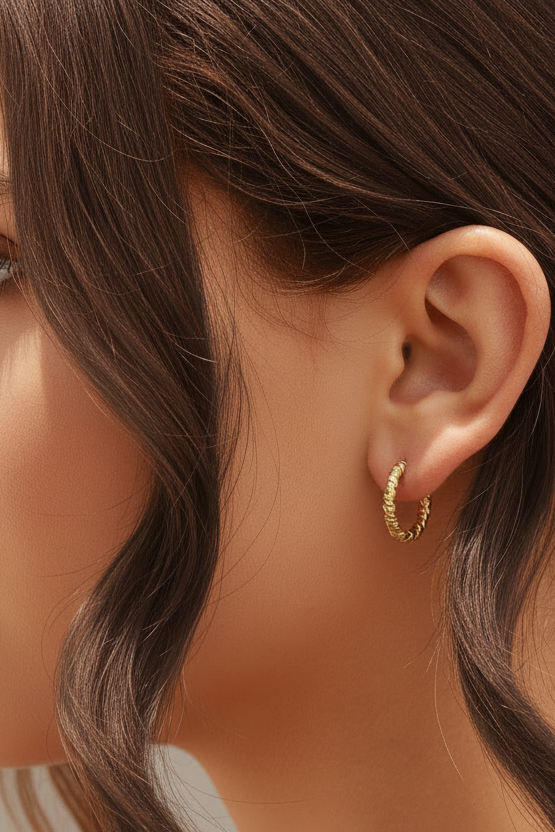 gold textured huggie hoop earrings stainless steel PVD waterproof hypoallergenic minimalist small hoop earrings 15mm 17mm