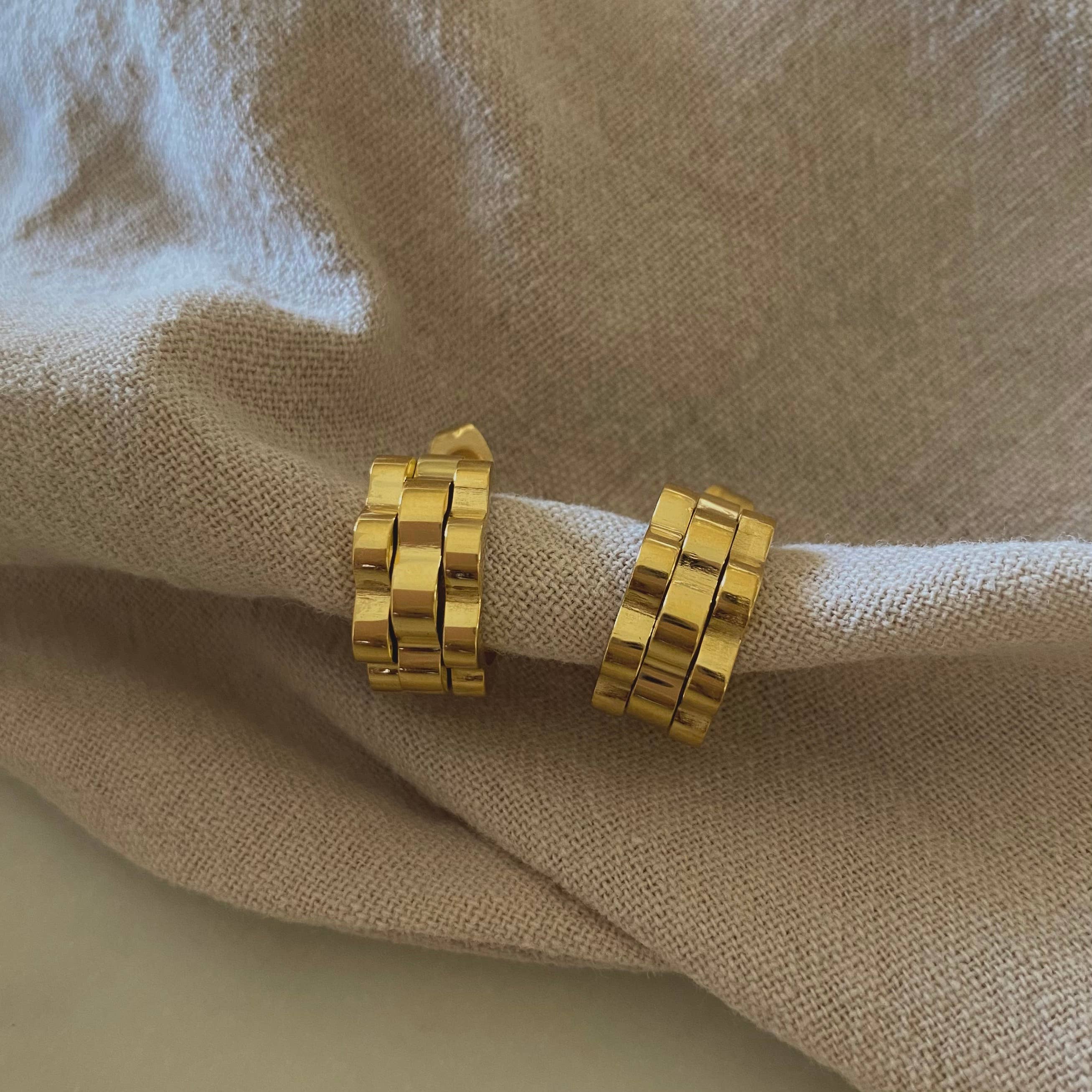 18k gold-plated stainless steel watchband-texture hoop earrings — waterproof and hypoallergenic jewelry from Justyna Grace Boutique.