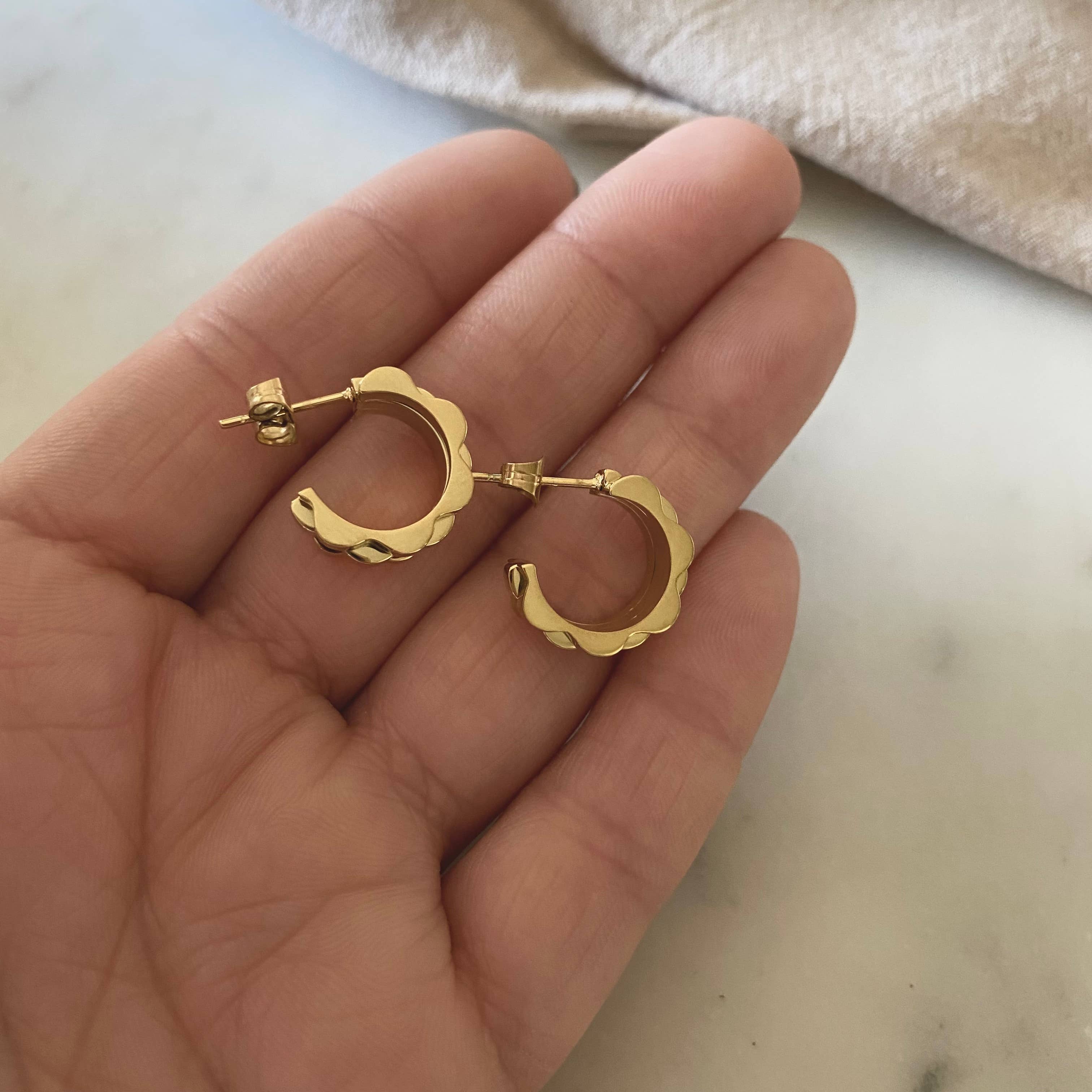 18k gold-plated stainless steel watchband-texture hoop earrings — waterproof and hypoallergenic jewelry from Justyna Grace Boutique.