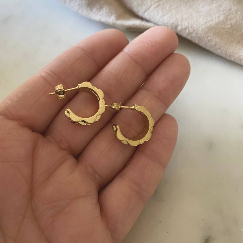18k gold-plated stainless steel watchband-texture hoop earrings — waterproof and hypoallergenic jewelry from Justyna Grace Boutique.