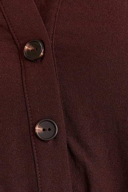 Chocolate brown button-down shirt dress with waist tie — structured yet soft everyday classic from Justyna Grace Boutique.