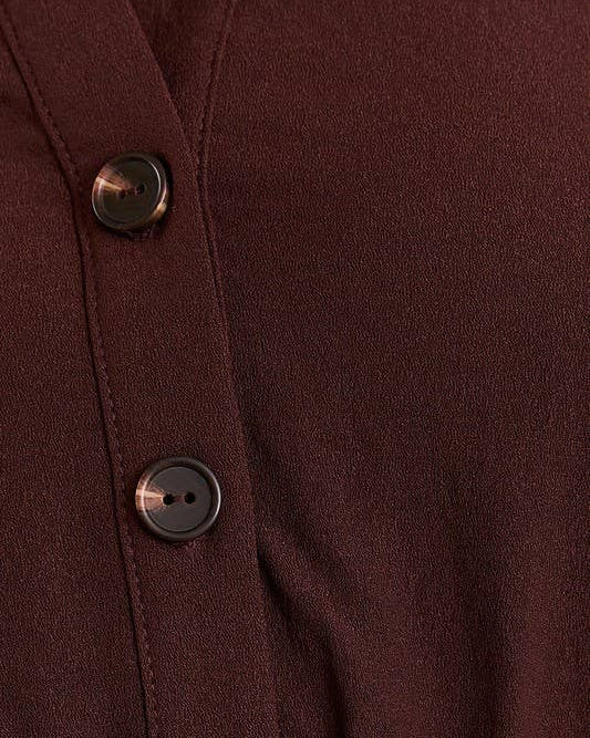 Chocolate brown button-down shirt dress with waist tie — structured yet soft everyday classic from Justyna Grace Boutique.