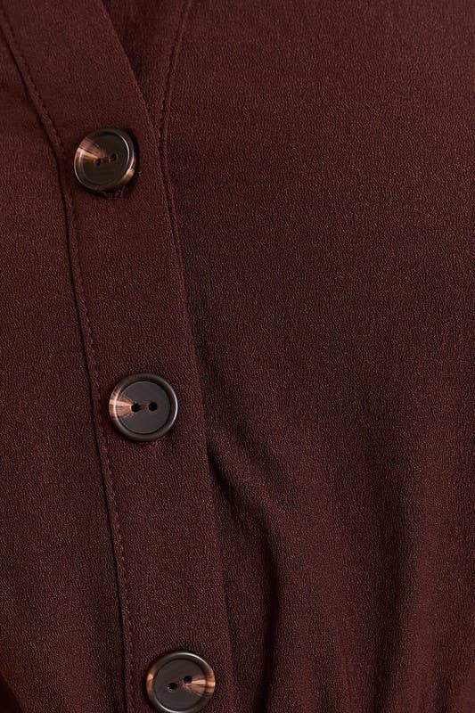 Chocolate brown button-down shirt dress with waist tie — structured yet soft everyday classic from Justyna Grace Boutique.