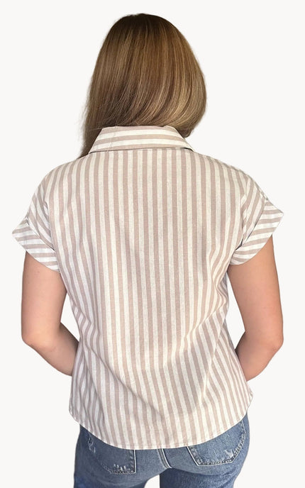 Hannah tie-front striped cotton button-down shirt with short sleeves