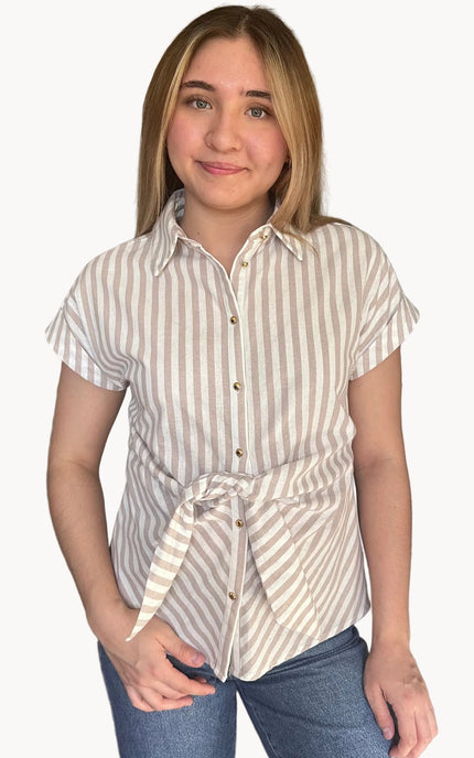 Lightweight striped button-down top with relaxed short sleeves