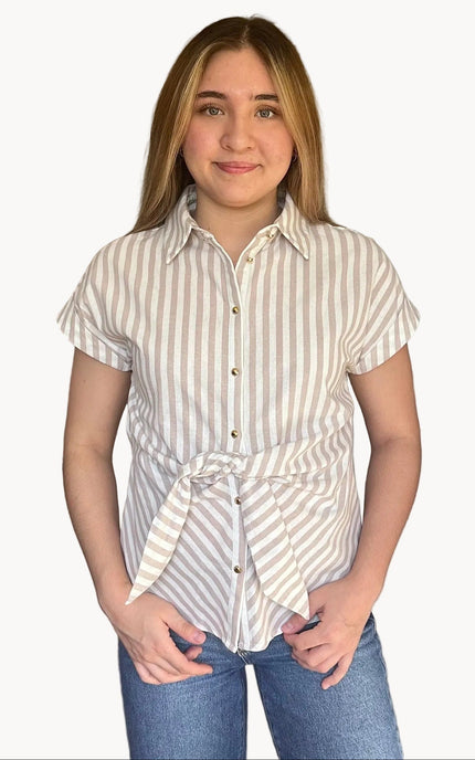 Vertical stripe cotton shirt featuring adjustable tie-front detail