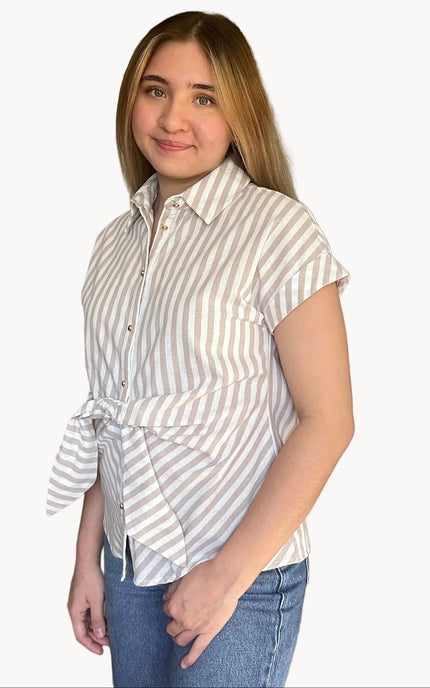 Vertical stripe cotton shirt featuring adjustable tie-front detail