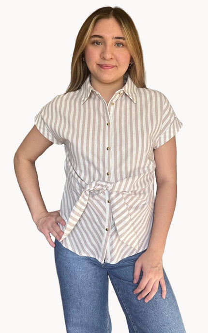 Hannah striped tie-front shirt styled for everyday wear