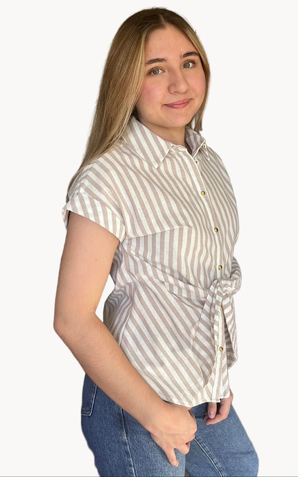 Hannah tie-front striped cotton button-down shirt with short sleeves