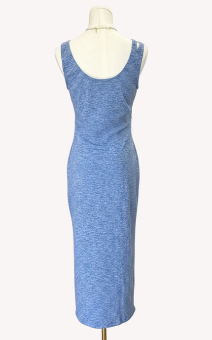 Haven Knit Dress – denim blue ribbed knit midi with scoop neckline and stretch comfort – Justyna Grace Boutique