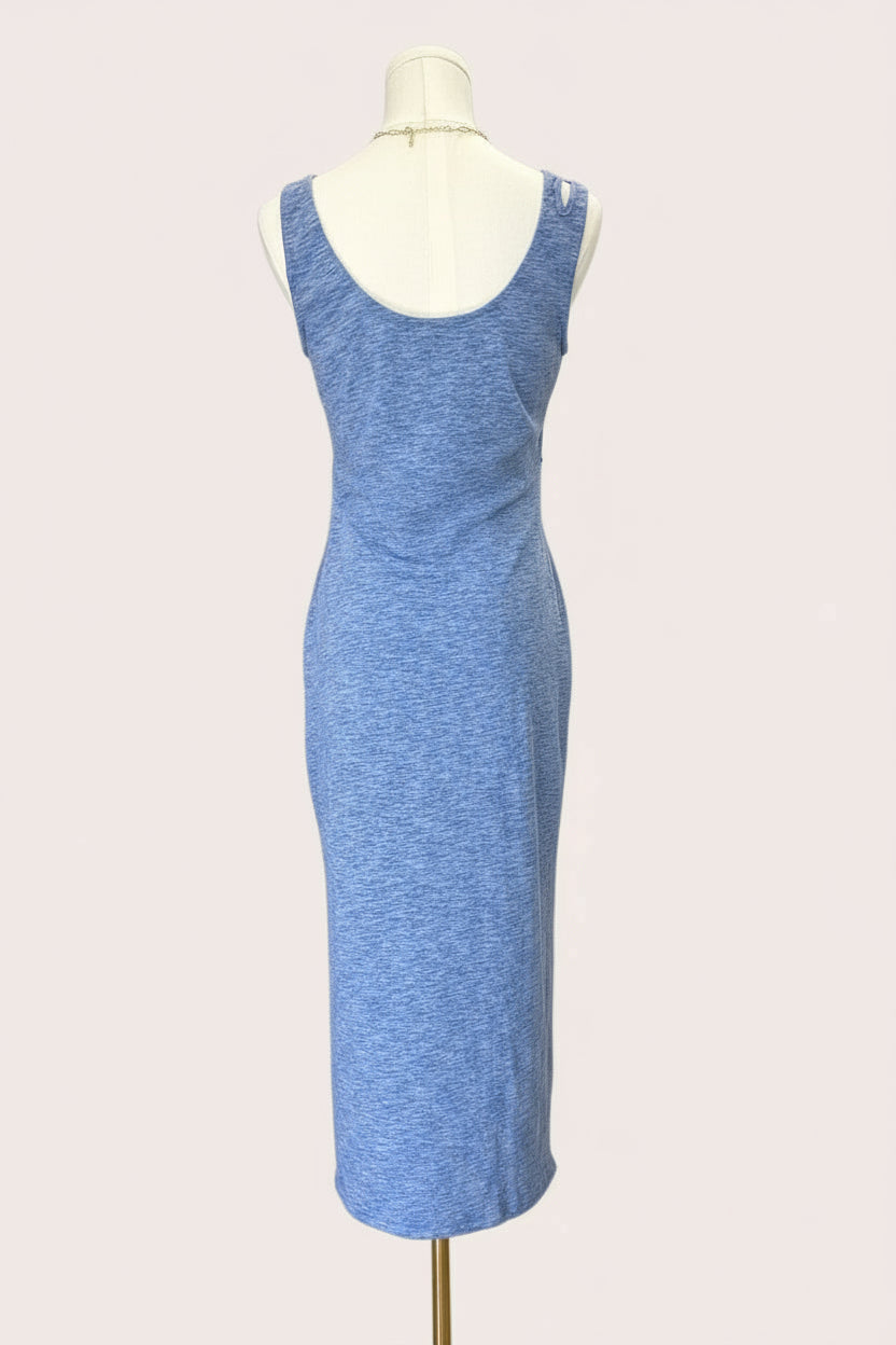 Haven Knit Dress – denim blue ribbed knit midi with scoop neckline and stretch comfort – Justyna Grace Boutique