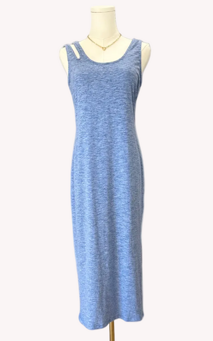 Haven Knit Dress – denim blue ribbed knit midi with scoop neckline and stretch comfort – Justyna Grace Boutique