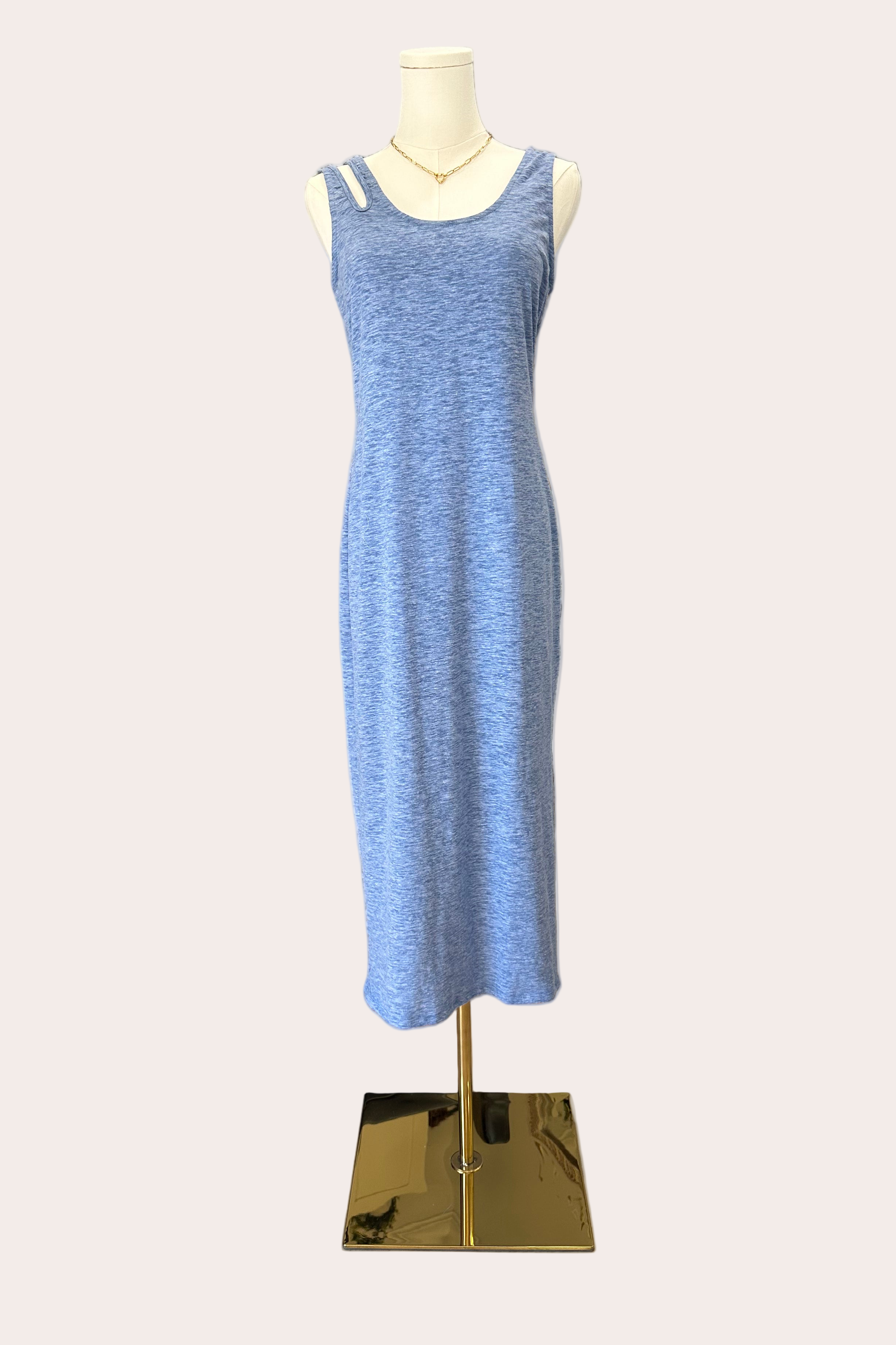 Haven Knit Dress – denim blue ribbed knit midi with scoop neckline and stretch comfort – Justyna Grace Boutique