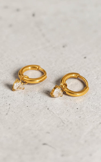 Gold hoop earrings with heart-shaped cubic zirconia crystal drop in 18k gold PVD over 316L stainless steel