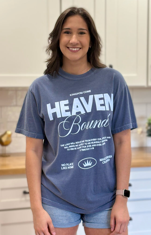 Comfort Colors tee with “Heaven Bound” faith graphic, soft cotton fabric, and relaxed oversized fit.