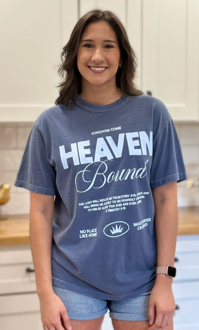 Comfort Colors tee with “Heaven Bound” faith graphic, soft cotton fabric, and relaxed oversized fit.