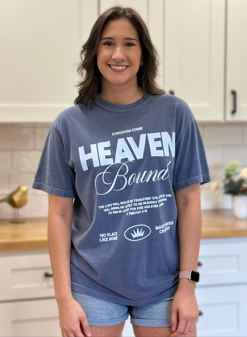 Comfort Colors tee with “Heaven Bound” faith graphic, soft cotton fabric, and relaxed oversized fit.
