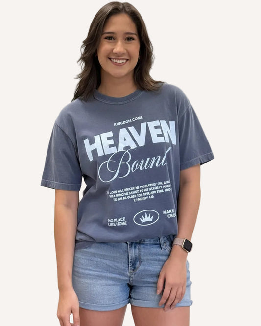 Comfort Colors tee with “Heaven Bound” faith graphic, soft cotton fabric, and relaxed oversized fit.