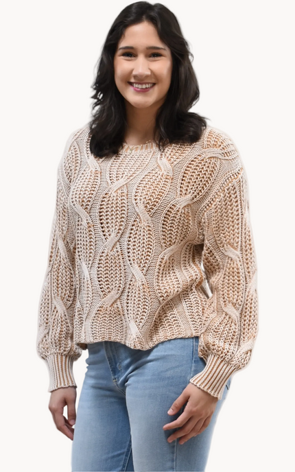 Heritage Cotton Cable Sweater on soft linen background, featuring 100% cotton knit with cable and ribbed texture.