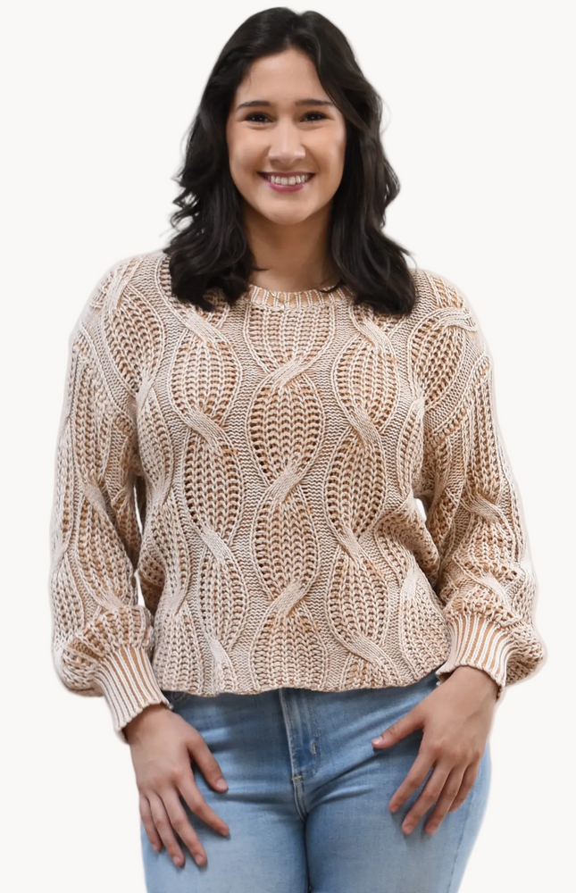 Heritage Cotton Cable Sweater on soft linen background, featuring 100% cotton knit with cable and ribbed texture.