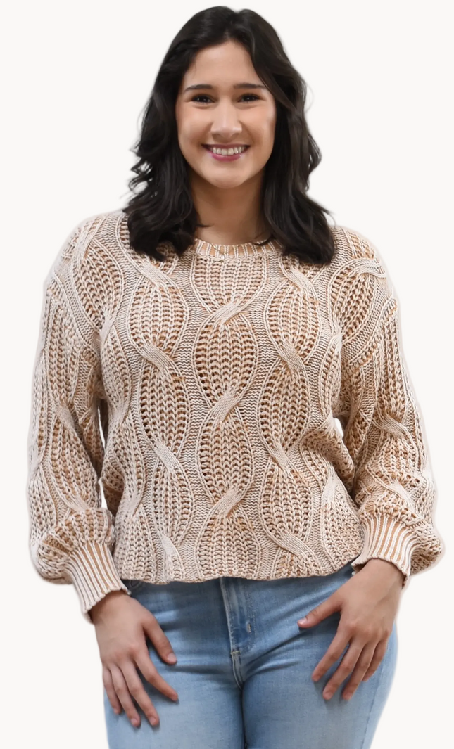 Heritage Cotton Cable Sweater on soft linen background, featuring 100% cotton knit with cable and ribbed texture.