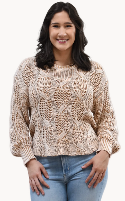 Heritage Cotton Cable Sweater on soft linen background, featuring 100% cotton knit with cable and ribbed texture.