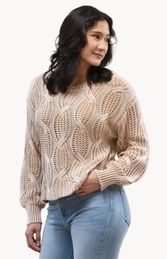 Heritage Cotton Cable Sweater on soft linen background, featuring 100% cotton knit with cable and ribbed texture.