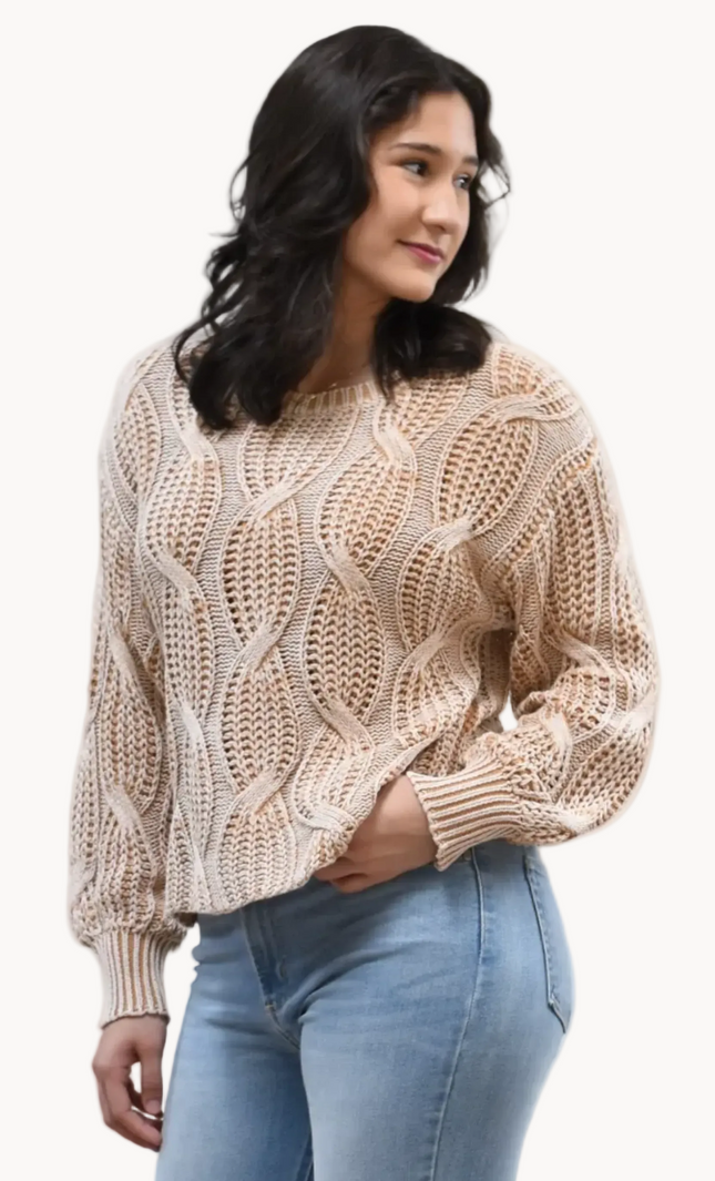 Heritage Cotton Cable Sweater on soft linen background, featuring 100% cotton knit with cable and ribbed texture.