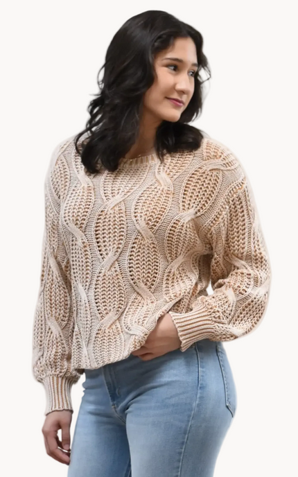 Heritage Cotton Cable Sweater on soft linen background, featuring 100% cotton knit with cable and ribbed texture.
