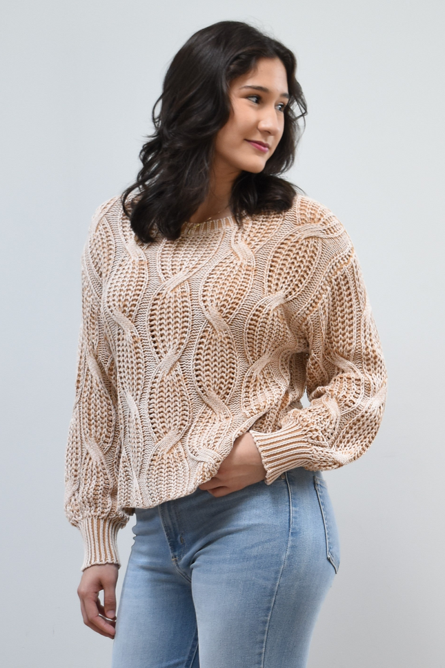 Heritage Cotton Cable Sweater on soft linen background, featuring 100% cotton knit with cable and ribbed texture.