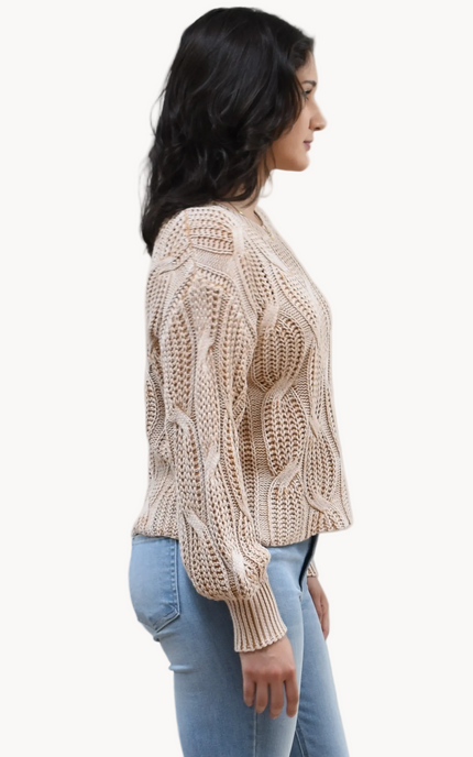 Heritage Cotton Cable Sweater on soft linen background, featuring 100% cotton knit with cable and ribbed texture.