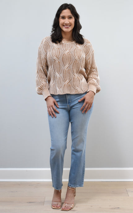 Heritage Cotton Cable Sweater on soft linen background, featuring 100% cotton knit with cable and ribbed texture.