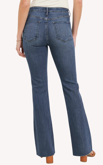Dark-wash high-rise flare jeans with clean finish — flattering retro silhouette from Justyna Grace Boutique.