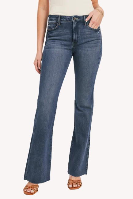 Dark Wash Scissor Hem Flares — high-rise dark denim flares with raw hem from Justyna Grace Boutique.