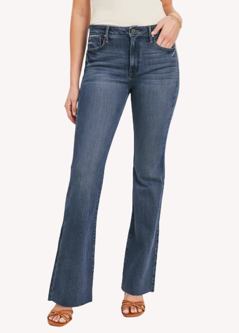 Dark Wash Scissor Hem Flares — high-rise dark denim flares with raw hem from Justyna Grace Boutique.