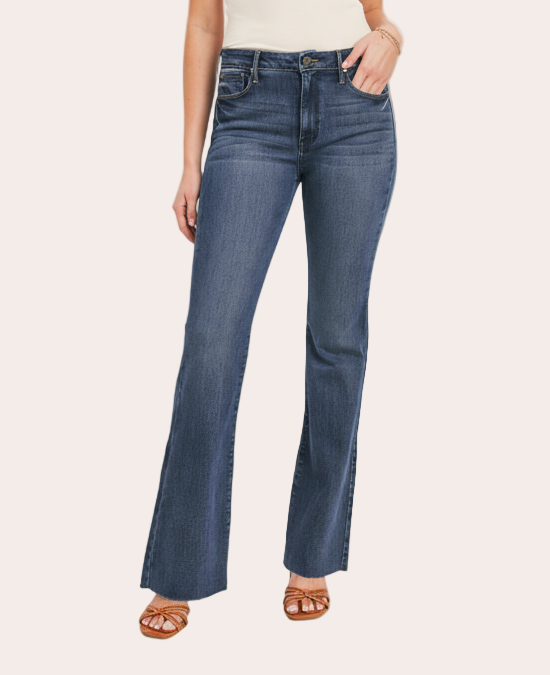 Dark Wash Scissor Hem Flares — high-rise dark denim flares with raw hem from Justyna Grace Boutique.
