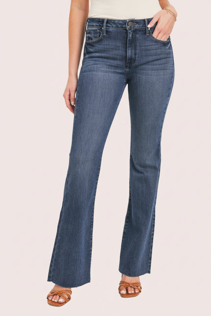 Dark Wash Scissor Hem Flares — high-rise dark denim flares with raw hem from Justyna Grace Boutique.