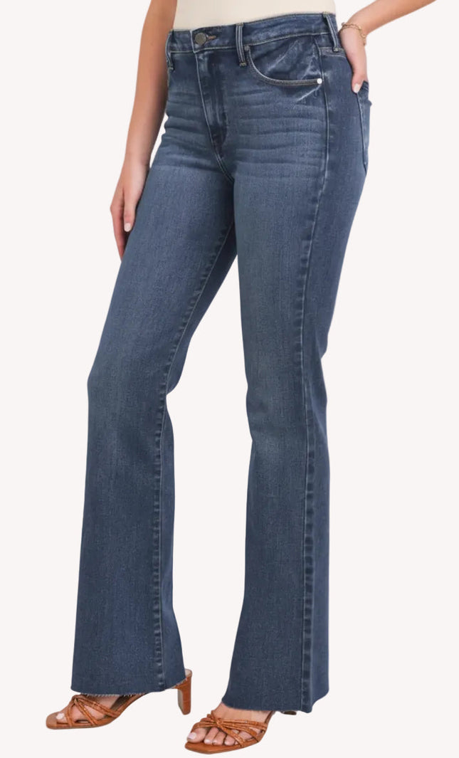 Dark-wash high-rise flare jeans with clean finish — flattering retro silhouette from Justyna Grace Boutique.