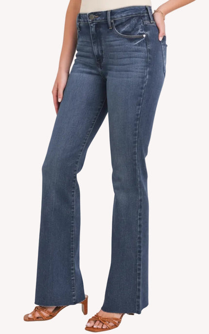 Dark-wash high-rise flare jeans with clean finish — flattering retro silhouette from Justyna Grace Boutique.