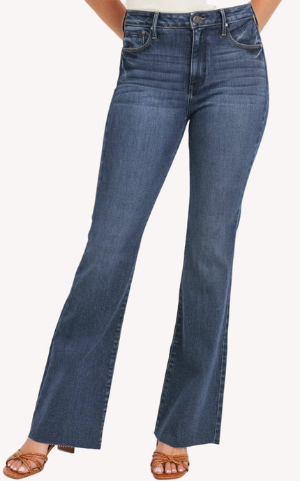 Dark-wash high-rise flare jeans with clean finish — flattering retro silhouette from Justyna Grace Boutique.