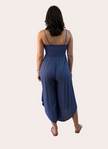 Isla Jumpsuit — woven solid fabric with ruched front and round midi hemline from Justyna Grace Boutique.