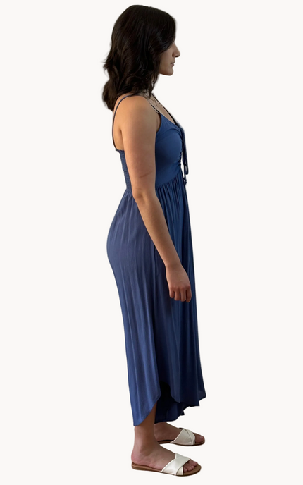 Isla Jumpsuit — woven solid fabric with ruched front and round midi hemline from Justyna Grace Boutique.