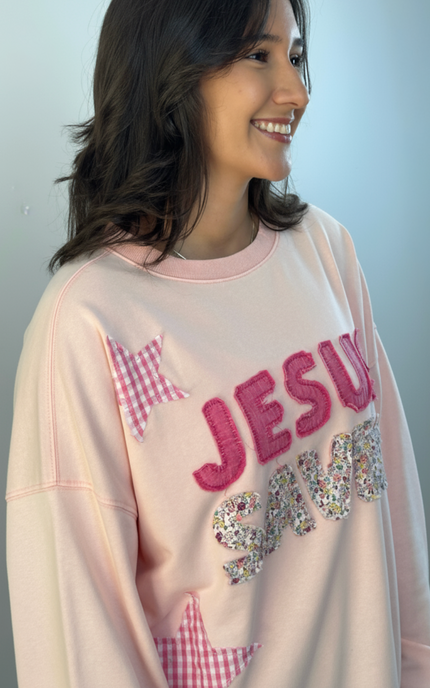Jesus Saves Mineral Wash Crewneck — vintage-style faith sweatshirt with gingham and floral patchwork from Justyna Grace Boutique.