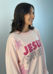 Jesus Saves Mineral Wash Crewneck — vintage-style faith sweatshirt with gingham and floral patchwork from Justyna Grace Boutique.